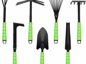 Kizaten 7 Pcs Ensemble Outils de Jardinage-Outils Jardinage Comprenant Une Truelle,Binette Double,Grattoir à Joints,Râteau à Main,Truelle à Fleurs pour Repiquage et Entretien