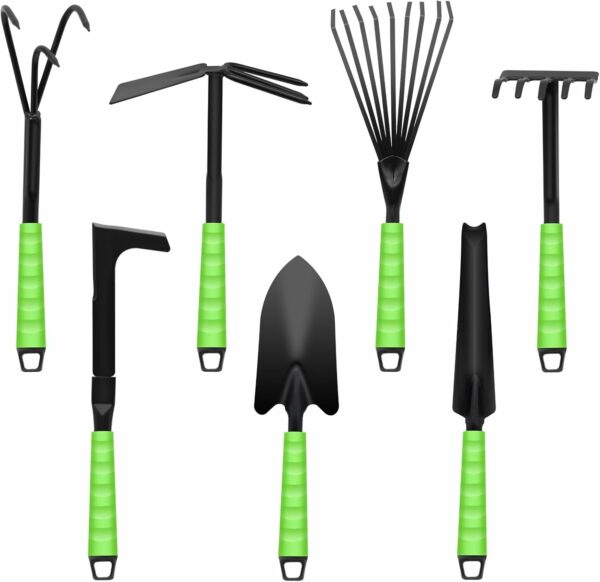 Kizaten 7 Pcs Ensemble Outils de Jardinage-Outils Jardinage Comprenant Une Truelle,Binette Double,Grattoir à Joints,Râteau à Main,Truelle à Fleurs pour Repiquage et Entretien