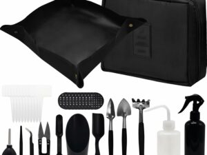 JNUYISW Kit D'outils de Jardin, 17 Pièces Mini Outils de Jardinage avec Pliable Tapis de Rempotage Outils Succulentes Kit D'outils pour Bonsai avec Sac de Rangement à Main pour Intérieur Extérieur