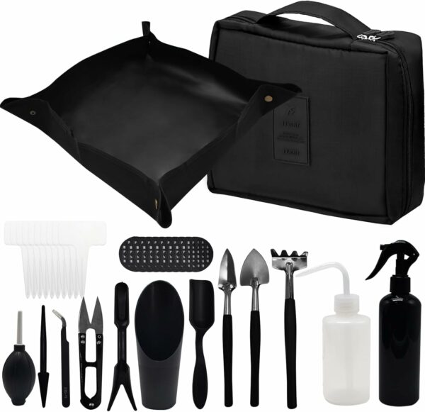 JNUYISW Kit D'outils de Jardin, 17 Pièces Mini Outils de Jardinage avec Pliable Tapis de Rempotage Outils Succulentes Kit D'outils pour Bonsai avec Sac de Rangement à Main pour Intérieur Extérieur