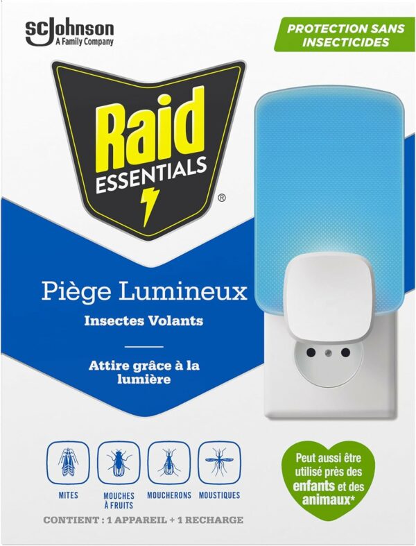 Raid Essentials Anti moucherons Piège Lumineux - Piège Pour moucherons et mites - Sans Insecticides - 1 Piège + 1 Recharge