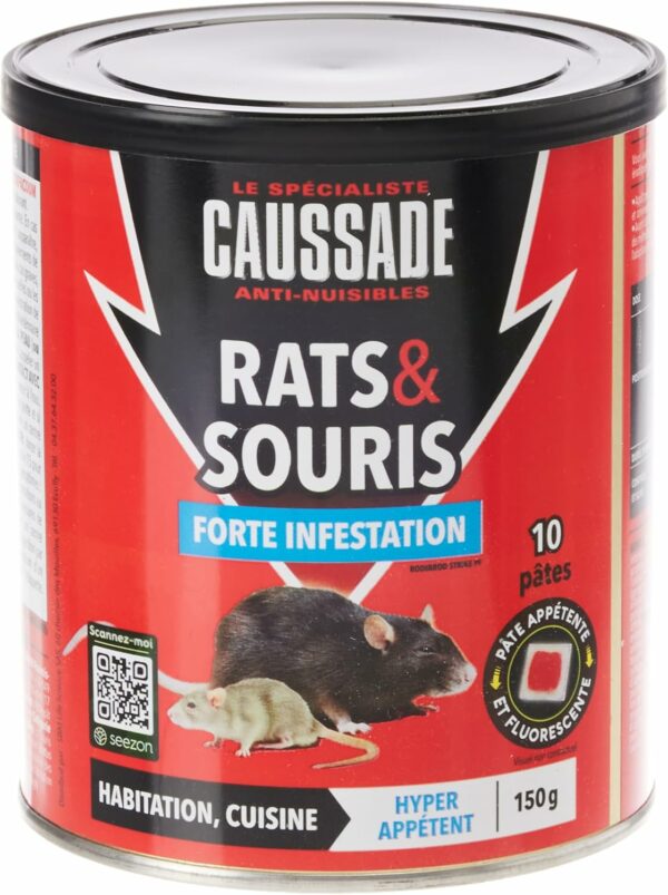 Caussade Anti Rats & Souris 150 g | Forte Infestation | Habitation et Cuisine | 10 pâtes | prêt à l'emploi | Efficace dès la 1ère Ingestion | Idéal pour Lieux Secs & Humides | Fabriqué en France