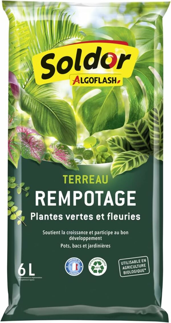 ALGOFLASH Terreau Rempotage Plantes Vertes et Plantes Fleuries, UAB, Prêt à l'Emploi, Fabriqué en France, 6 L,TREMP6