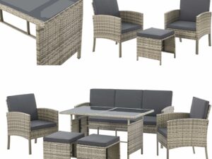 Juskys Salon de Jardin 6 pièces Turin en polyrotin - 7 Personnes - Mobilier d'extérieur avec fauteuils, tabourets, Table & Coussins - Meubles de Jardin pour Coin Lounge - Gris