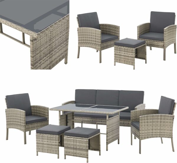 Juskys Salon de Jardin 6 pièces Turin en polyrotin - 7 Personnes - Mobilier d'extérieur avec fauteuils, tabourets, Table & Coussins - Meubles de Jardin pour Coin Lounge - Gris