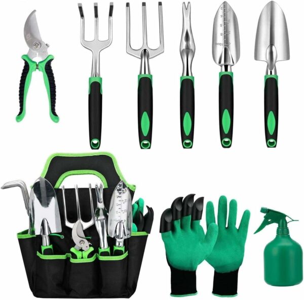 Ensemble d'outils de Jardin, Outils de Jardin en Aluminium 10 pièces avec Sac de Jardin, Gants de toilettage de Jardin, débroussailleuse, Pelle de Jardin, fête des mères de Jardin Hommes Femmes