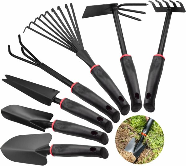 7 Pcs Ensemble Outils de Jardinage, Cultivateur Rateau Pelle Jardinage Antidérapants Transplantoirs Rateau à Fleurs Semis Taille pour Repiquage et Entretien