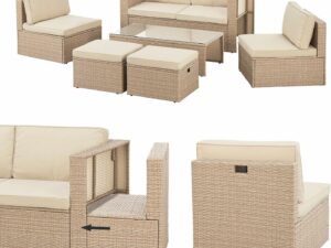 Juskys Salon de Jardin Salou en polyrotin - Espace Lounge d'extérieur résistant aux intempéries pour 6 Personnes - Coin Salon avec Table & Coussins - pour Jardin, Balcon, terrasse - Crème/Sable