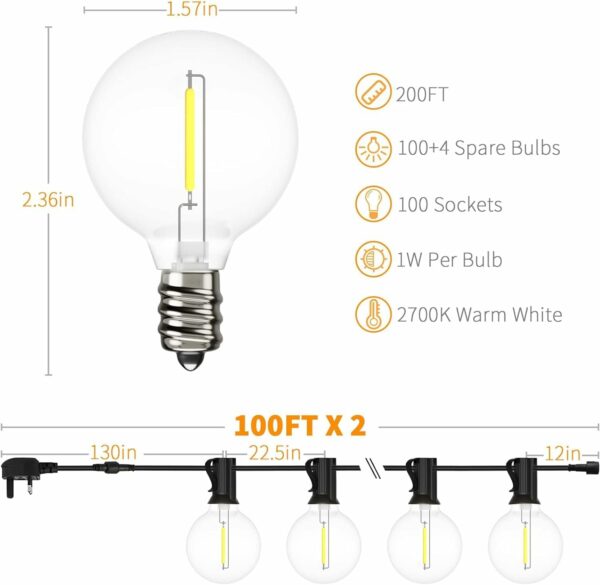 Yuucio Guirlande Lumineuse Exterieure, 60M G40 LED Guirlande Guinguette Exterieur 100+4 Ampoules Étanche IP44 Guirlande Raccordable pour Jardin,Fête,Terrasse, 2700K Blanc Chaud(2X30M) – Image 3