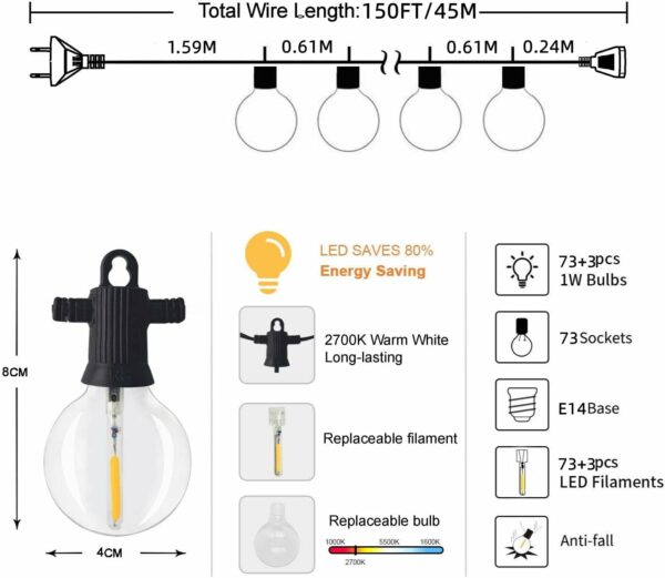 ZOTOYI Guirlande Lumineuse Exterieure LED, 150FT/45M G40 Guirlande Guinguette Exterieur avec 73 Ampoules +3 Rechange, IP65 Étanche pour Jardin Patio Mariage Fête, 2700K Blanc Chaud – Image 7