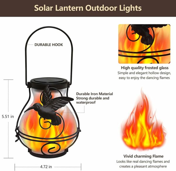 Lot de 2 lanternes solaires à flamme vacillante, lanternes solaires en métal pour suspendre à l'énergie solaire - Lanternes en verre LED étanches pour terrasse, jardin, Noël, Halloween – Image 3