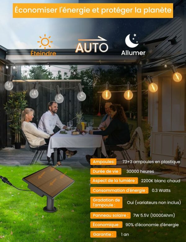 ZOTOYI 45m Guirlande Solaire Lumineuse Exterieure Jardin, ip65 Guirlande Guinguette Extérieure LED avec G40 73+3 Ampoule Interrupteurs Automatiques Photosensibles pour Patio Cour Mariage – Image 4