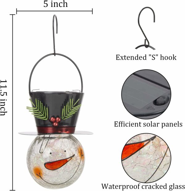 Viveta Lanterne solaire de Noël, lanterne solaire en forme de bonhomme de neige, lanterne de Noël étanche en verre craquelé à suspendre pour jardin, terrasse, cour – Image 3