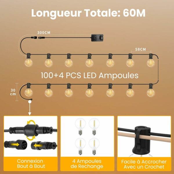 Yuusei Guirlande Guinguette Exterieur Télécommande, 60M Guirlande Lumineuse de 100+4 G40 LED Ampoules Guirlande Guinguette Raccordable Étanche pour Jardin Patio Café Parti Terrasse, Blanc Chaud – Image 4