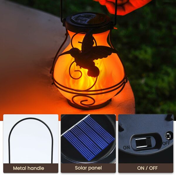 Lot de 2 lanternes solaires à flamme vacillante, lanternes solaires en métal pour suspendre à l'énergie solaire - Lanternes en verre LED étanches pour terrasse, jardin, Noël, Halloween – Image 6