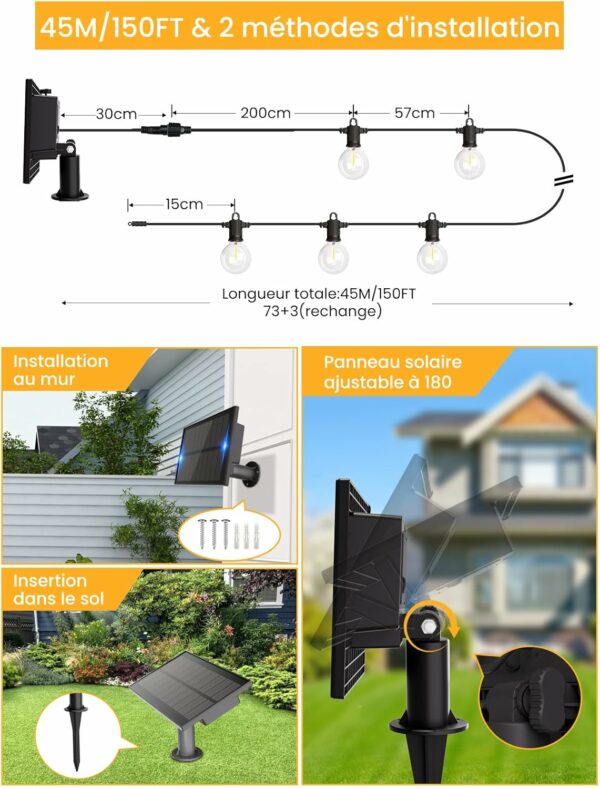 ZOTOYI 45m Guirlande Solaire Lumineuse Exterieure Jardin, ip65 Guirlande Guinguette Extérieure LED avec G40 73+3 Ampoule Interrupteurs Automatiques Photosensibles pour Patio Cour Mariage – Image 8