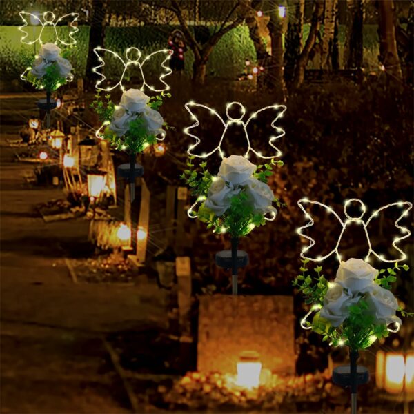 Lmtocs Lampes solaires d'ange de jardin avec fleurs de rose, décorations solaires d'ange pour tombe, cimetière, lumières solaires pour Noël, cour, terrasse, jardin, allée, décorations de tombe – Image 4