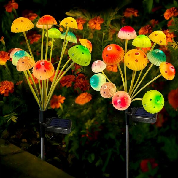 Lot de 2 lampes solaires de jardin en forme de champignon - 24 LED - Étanche - Décoration de jardin pour pelouse, porche, terrasse, arrière-cour - 6 couleurs