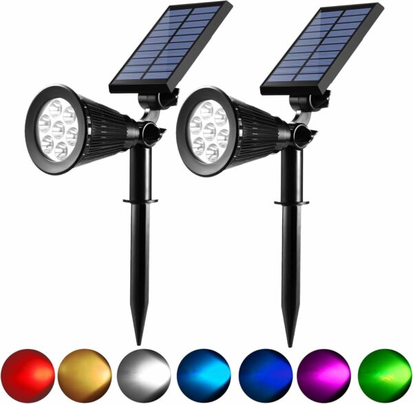 Lot de 2 spots solaires d'extérieur étanches 7 LED multicolores pour terrasse, cour, pelouse 2 modèles (couleurs changeantes et fixes)