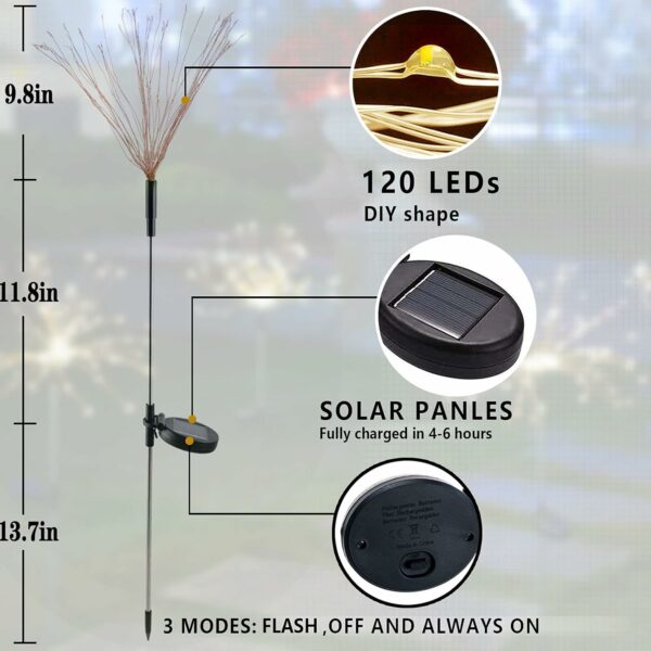 Lot de 4 feux d'artifice solaires d'extérieur - 120 LED - Alimentées par 40 fils de cuivre - Lumière de paysage pour allée, jardin, décoration de Noël (blanc chaud1) – Image 6