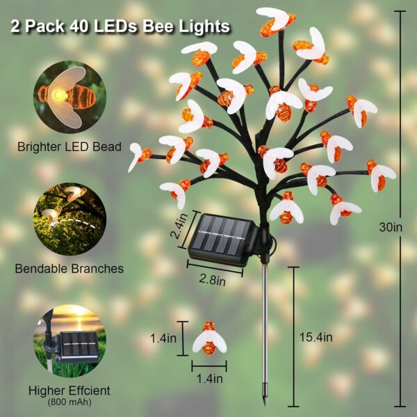 Lot de 2 lampes solaires d'extérieur étanches à 40 LED en forme d'abeille avec 8 modes d'éclairage pour jardin, terrasse, cour, herbe, fête de mariage, décoration de Noël (blanc chaud) – Image 5