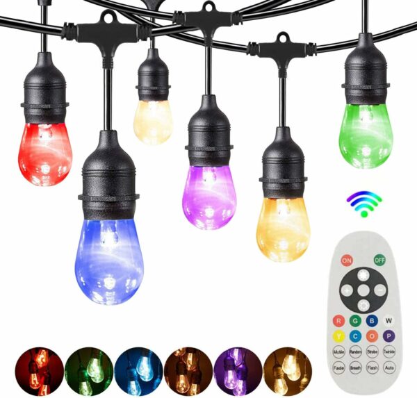 Bomcosy LED Guirlande Guinguette Coloré, S14 30M RGBW Guirlande Lumineuse Extérieure et Intérieure,IP65 étanche,30+2 Dimmable Ampoules pour Jardin,Magasin,Terrasse,Salon,Chambre,Blanc Chaud 2700K