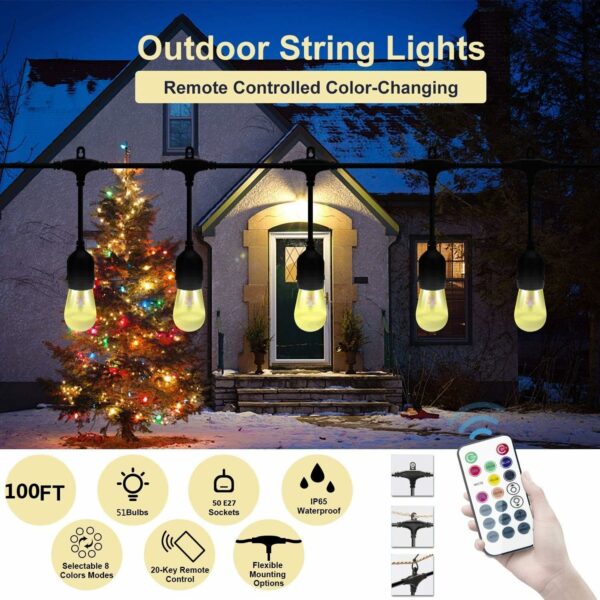 Bomcosy LED Guirlande Guinguette Coloré, S14 30M RGBW Guirlande Lumineuse Extérieure et Intérieure,IP65 étanche,30+2 Dimmable Ampoules pour Jardin,Magasin,Terrasse,Salon,Chambre,Blanc Chaud 2700K – Image 3