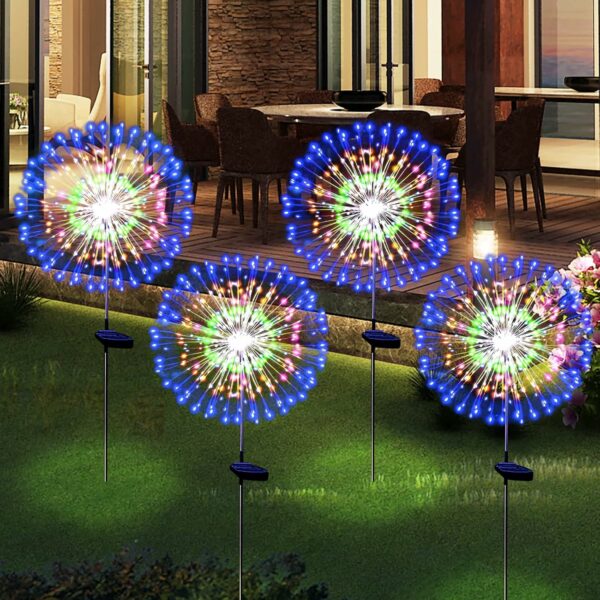 Lot de 2 lampes solaires de feu d'artifice étanches à énergie solaire pour décoration extérieure, guirlande lumineuse à 180 LED pour cour, allée, terrasse, décoration de fête (coloré) – Image 2