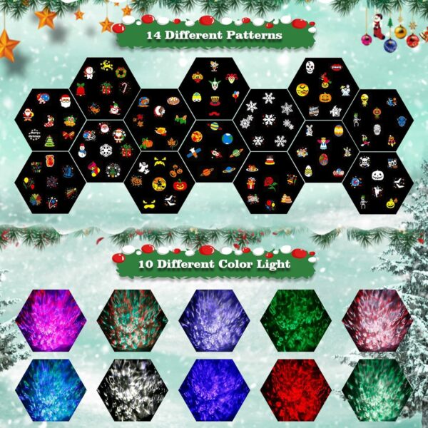 Projecteur de Noël pour Halloween, lumière extérieure avec flocon de neige sur le thème de Noël, décorations de jardin avec 14 diapositives, 10 couleurs, 8 images, projecteur de vacances avec – Image 2