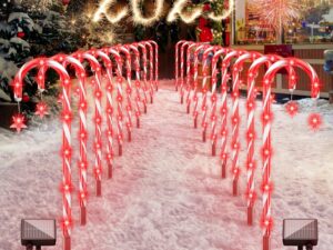 Lot de 20 décorations de Noël solaires en forme de canne à sucre d'orge, lumières d'extérieur à 8 modes, lumières LED rouges avec piquets pour jardin, terrasse, Noël