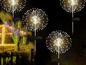 Lot de 4 feux d'artifice solaires d'extérieur - 120 LED - Alimentées par 40 fils de cuivre - Lumière de paysage pour allée, jardin, décoration de Noël (blanc chaud1)