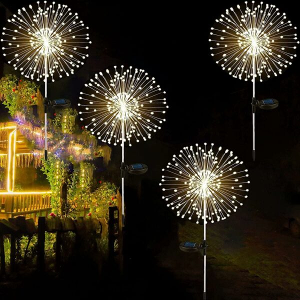 Lot de 4 feux d'artifice solaires d'extérieur - 120 LED - Alimentées par 40 fils de cuivre - Lumière de paysage pour allée, jardin, décoration de Noël (blanc chaud1)