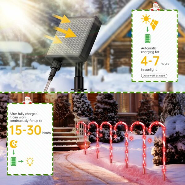 Lot de 20 décorations de Noël solaires en forme de canne à sucre d'orge, lumières d'extérieur à 8 modes, lumières LED rouges avec piquets pour jardin, terrasse, Noël – Image 4