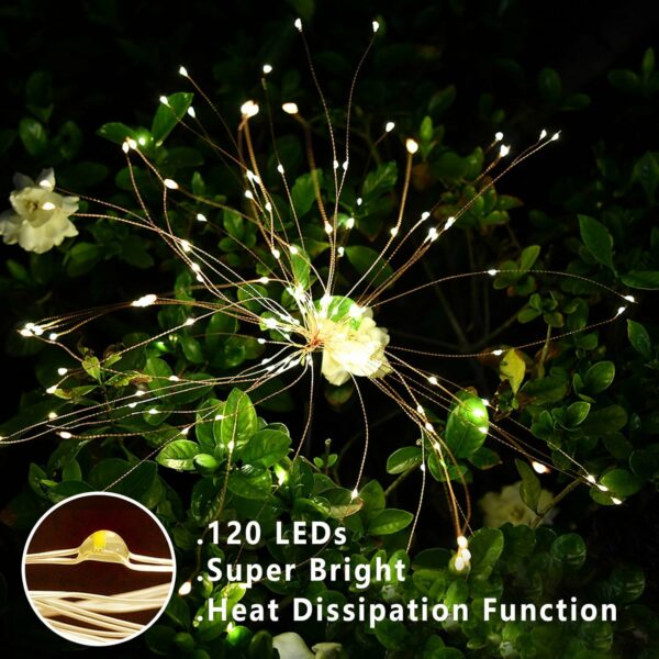 Lot de 4 feux d'artifice solaires d'extérieur - 120 LED - Alimentées par 40 fils de cuivre - Lumière de paysage pour allée, jardin, décoration de Noël (blanc chaud1) – Image 7