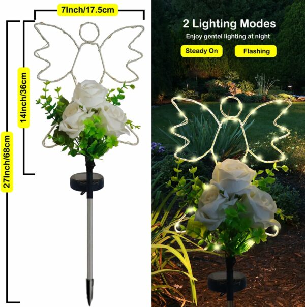 Lmtocs Lampes solaires d'ange de jardin avec fleurs de rose, décorations solaires d'ange pour tombe, cimetière, lumières solaires pour Noël, cour, terrasse, jardin, allée, décorations de tombe – Image 7