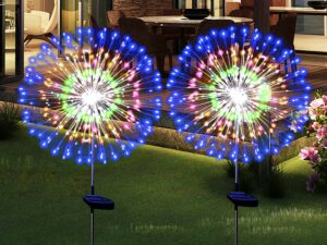 Lot de 2 lampes solaires de feu d'artifice étanches à énergie solaire pour décoration extérieure, guirlande lumineuse à 180 LED pour cour, allée, terrasse, décoration de fête (coloré)