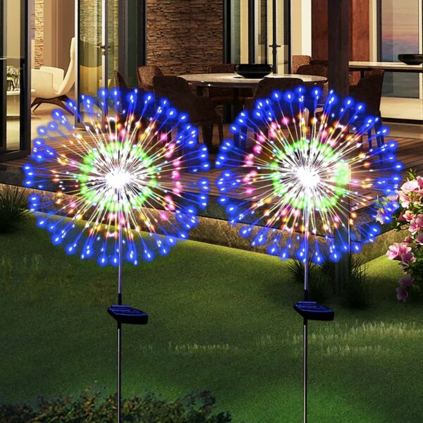 Lot de 2 lampes solaires de feu d'artifice étanches à énergie solaire pour décoration extérieure, guirlande lumineuse à 180 LED pour cour, allée, terrasse, décoration de fête (coloré)