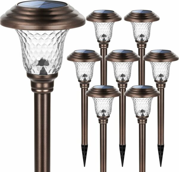 GIGALUMI Lot de 8 lampes solaires pour allée, jardin, extérieur, blanc chaud, étanche, pour cour, terrasse, paysage, allée (marron) – Image 8