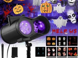 Moukeren Projecteur de lumières d'extérieur 2 en 1 avec 20 motifs de diapositives 10 couleurs étanches pour Halloween, Noël, cour, jardin