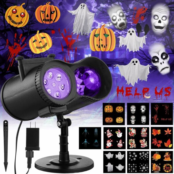 Moukeren Projecteur de lumières d'extérieur 2 en 1 avec 20 motifs de diapositives 10 couleurs étanches pour Halloween, Noël, cour, jardin