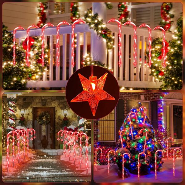 Lot de 20 décorations de Noël solaires en forme de canne à sucre d'orge, lumières d'extérieur à 8 modes, lumières LED rouges avec piquets pour jardin, terrasse, Noël – Image 5