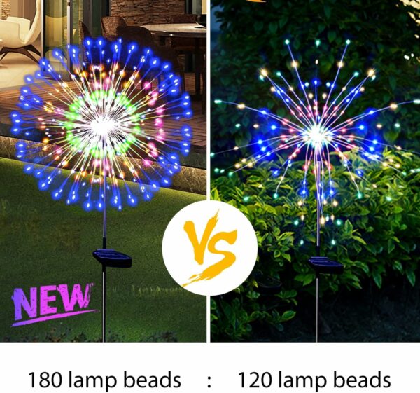 Lot de 2 lampes solaires de feu d'artifice étanches à énergie solaire pour décoration extérieure, guirlande lumineuse à 180 LED pour cour, allée, terrasse, décoration de fête (coloré) – Image 5