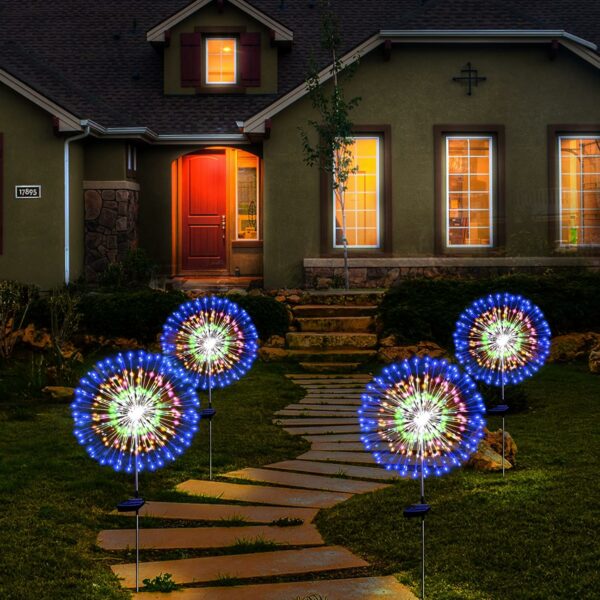 Lot de 2 lampes solaires de feu d'artifice étanches à énergie solaire pour décoration extérieure, guirlande lumineuse à 180 LED pour cour, allée, terrasse, décoration de fête (coloré) – Image 7