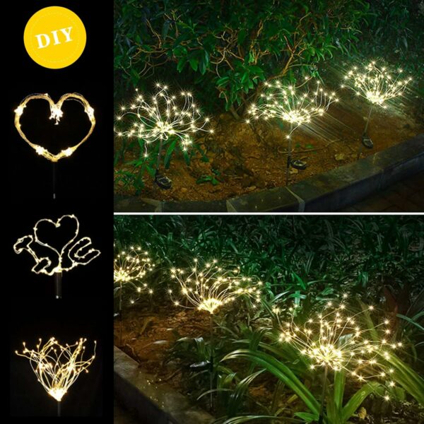 Lot de 4 feux d'artifice solaires d'extérieur - 120 LED - Alimentées par 40 fils de cuivre - Lumière de paysage pour allée, jardin, décoration de Noël (blanc chaud1) – Image 5