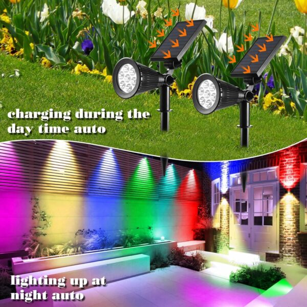 Lot de 2 spots solaires d'extérieur étanches 7 LED multicolores pour terrasse, cour, pelouse 2 modèles (couleurs changeantes et fixes) – Image 5